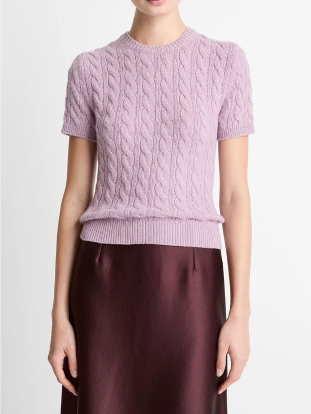 NWT Vince Cable-Knit Wool & Cashmere-Blend Short-Sleeve Sweater Small Purple